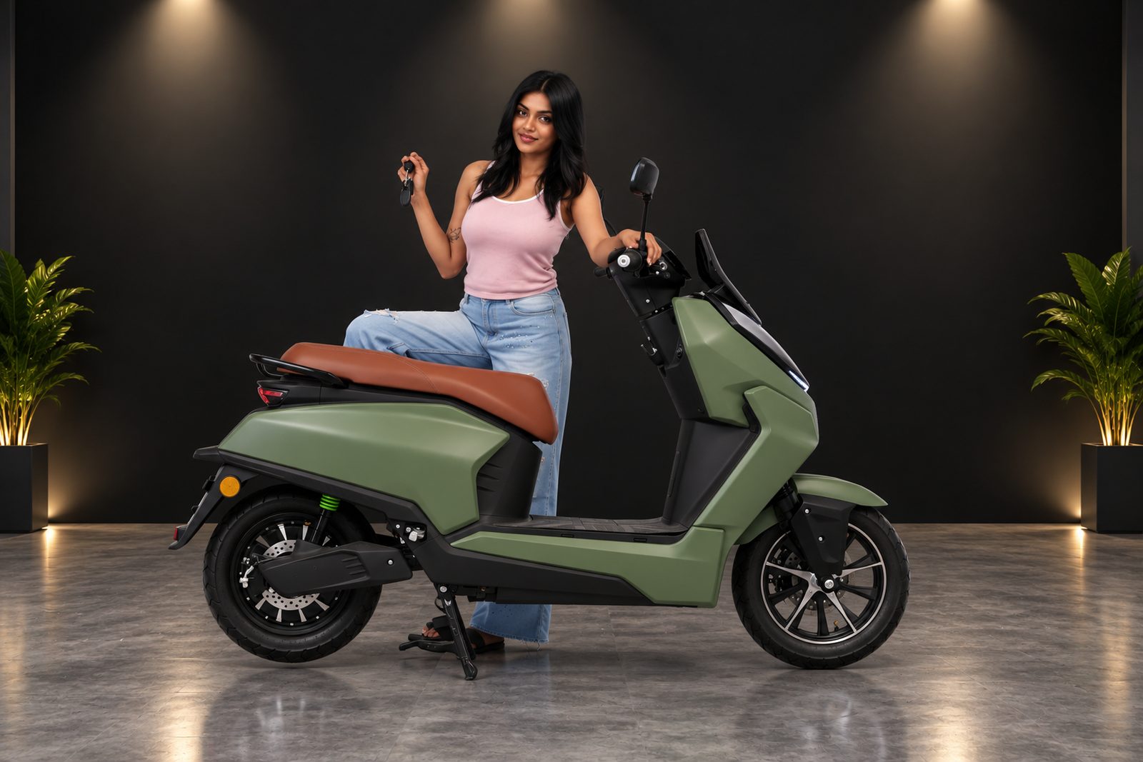 A rider standing beside a BNWIE electric scooter in green, holding the key