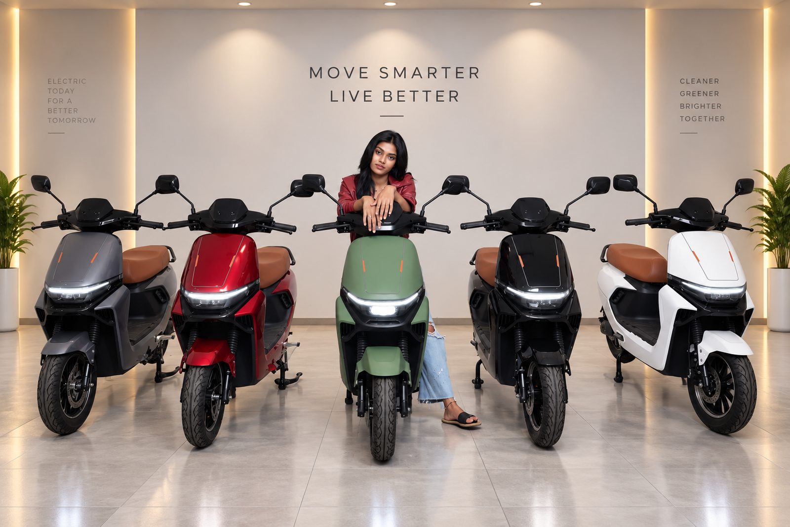Five BNWIE electric scooters side by side in a showroom, with a rider between them