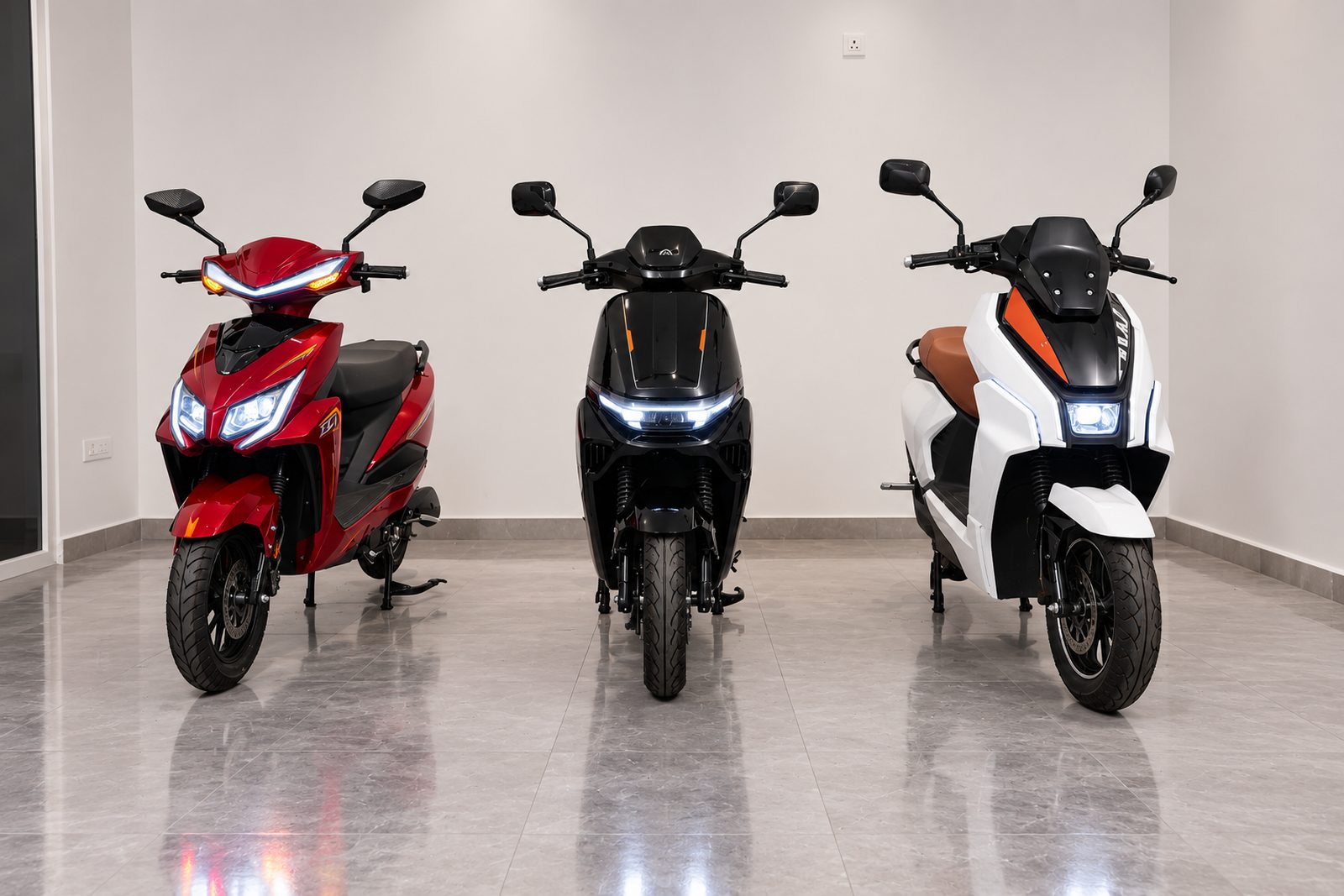Three BNWIE electric scooters side by side in a showroom, in red, black and white