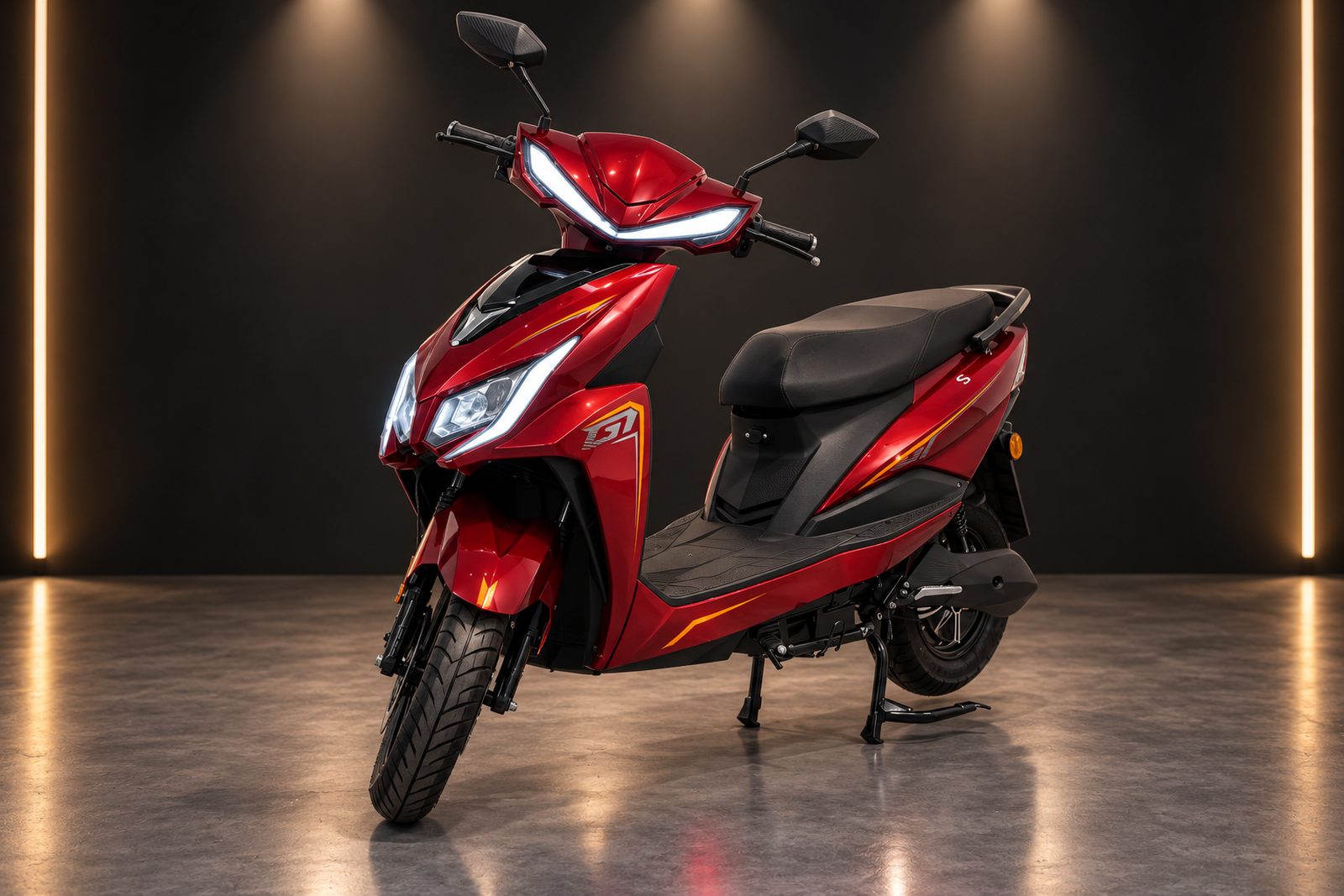 A BNWIE electric scooter in red, seen from the front three-quarter