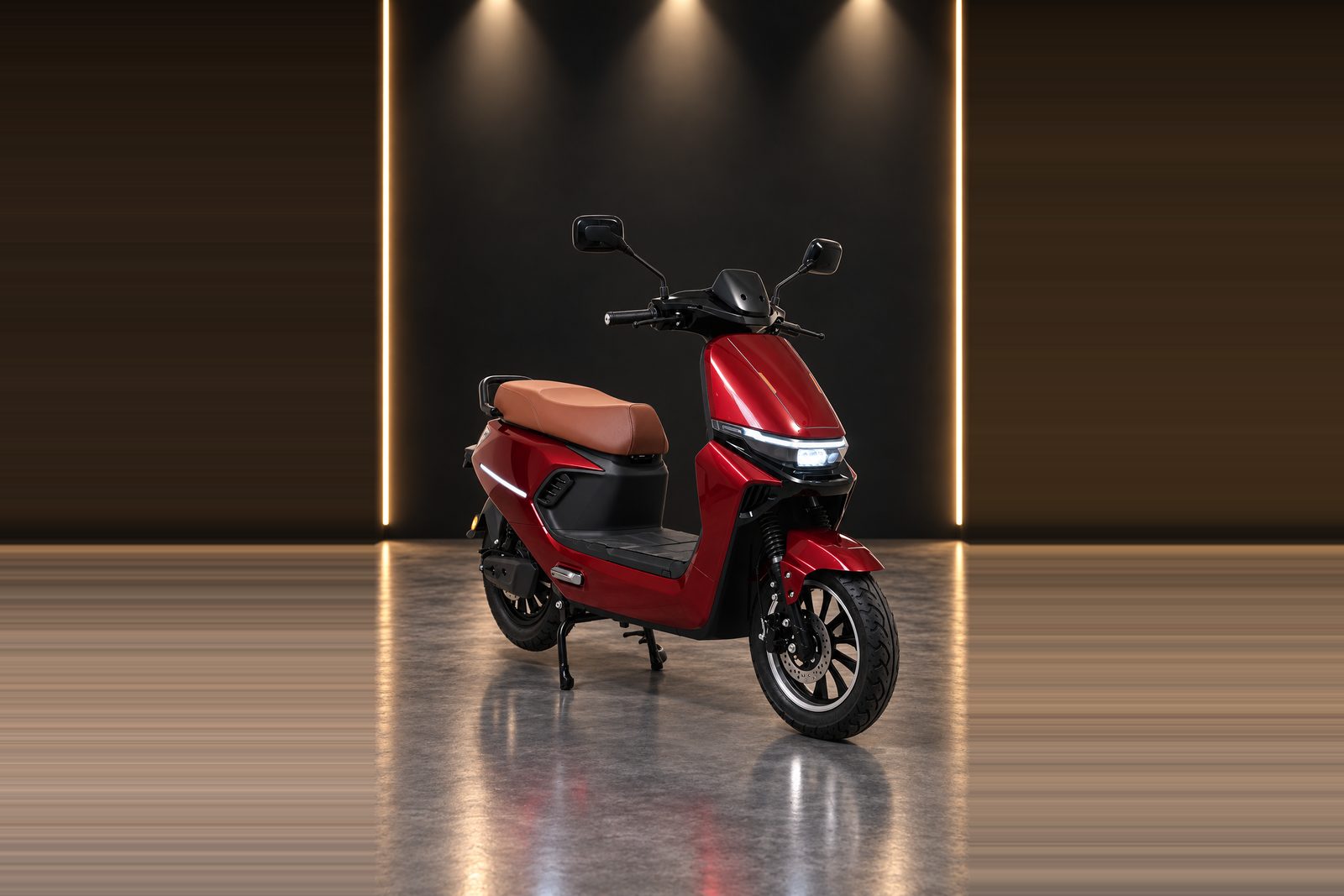 A BNWIE electric scooter in red, seen from the front three-quarter