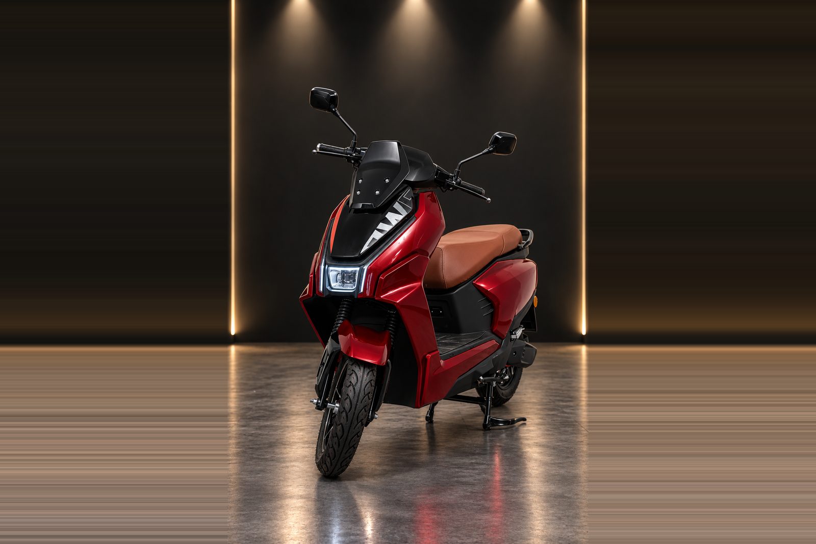 A BNWIE electric scooter in red, seen from the front three-quarter