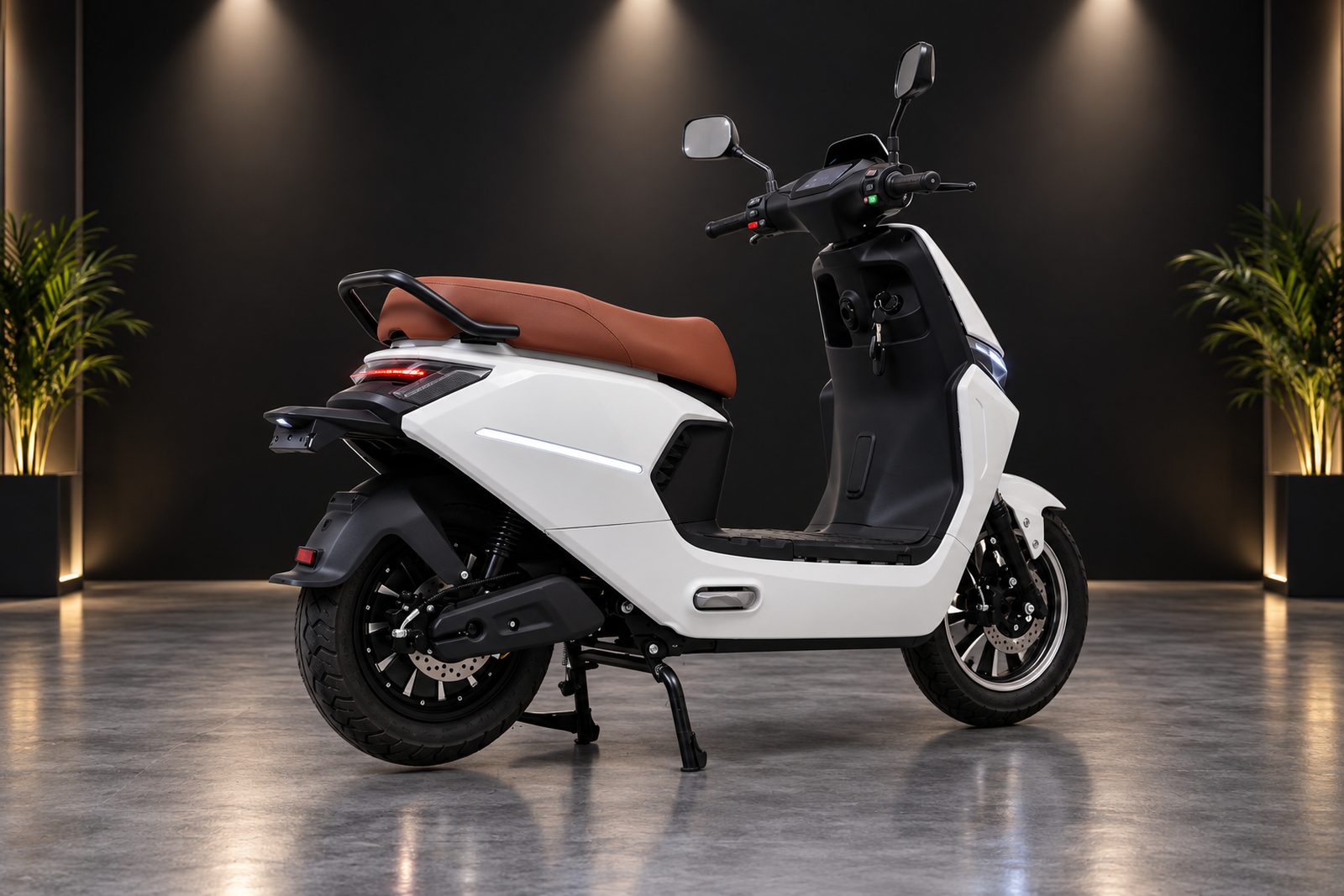 A BNWIE electric scooter in white, seen from the rear three-quarter