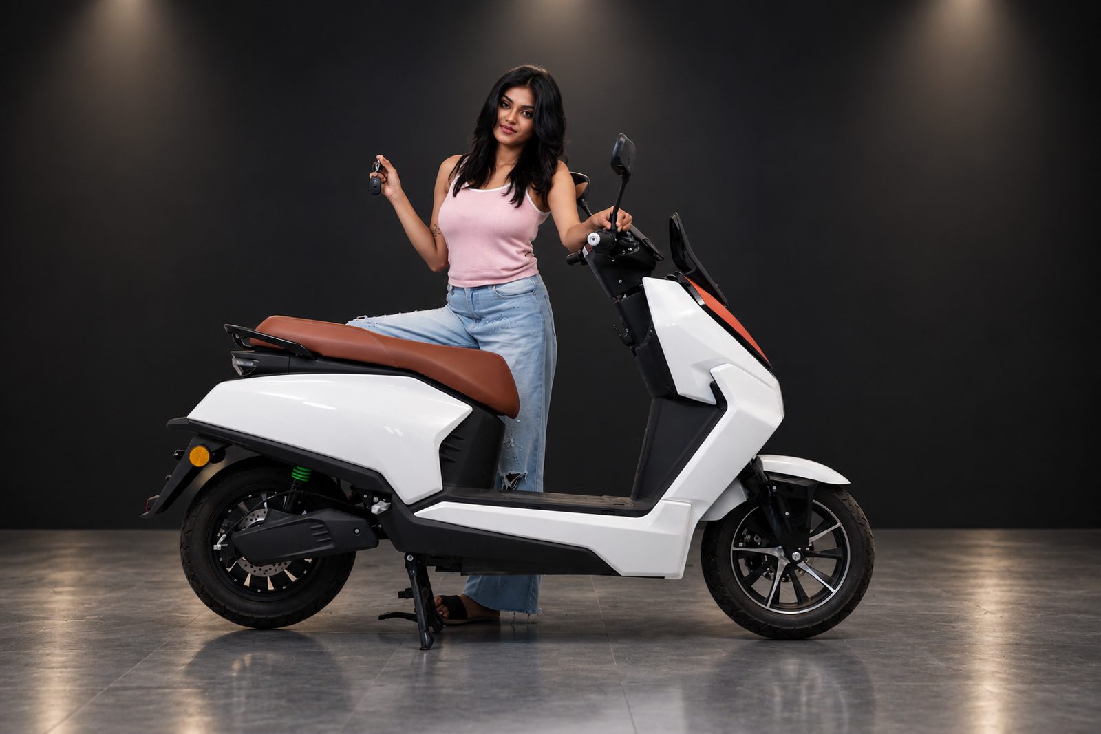 A rider standing beside a BNWIE electric scooter in white, holding the key