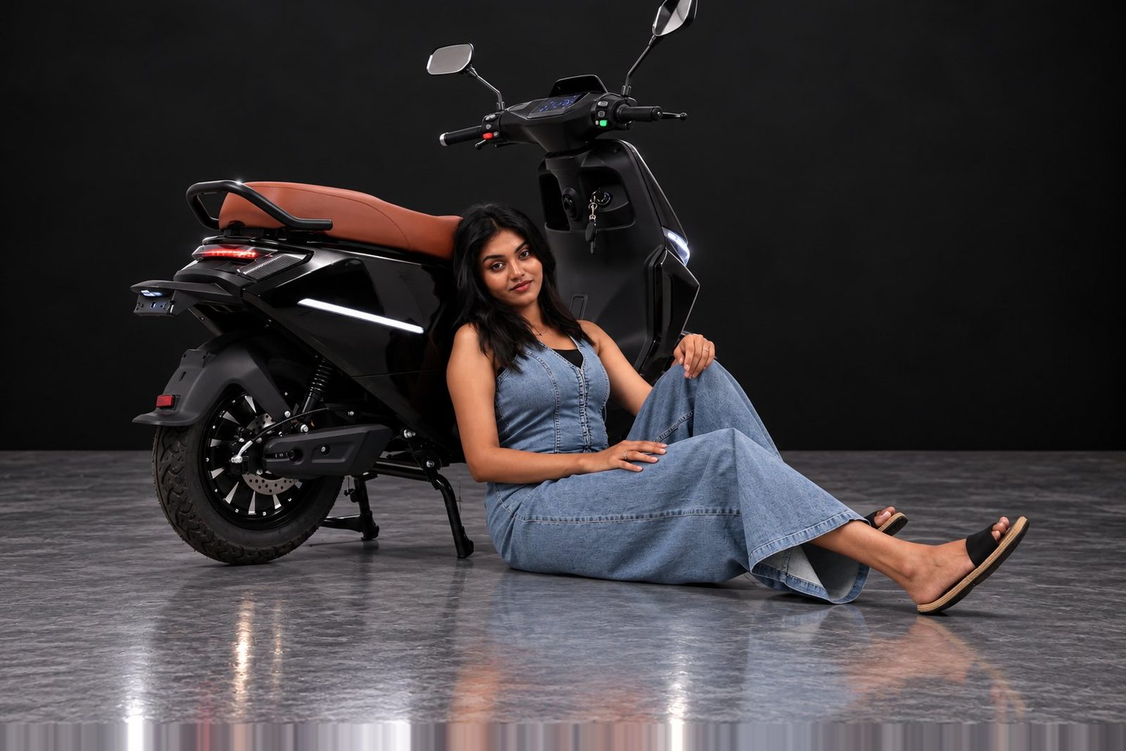 A rider seated beside a BNW electric scooter in black