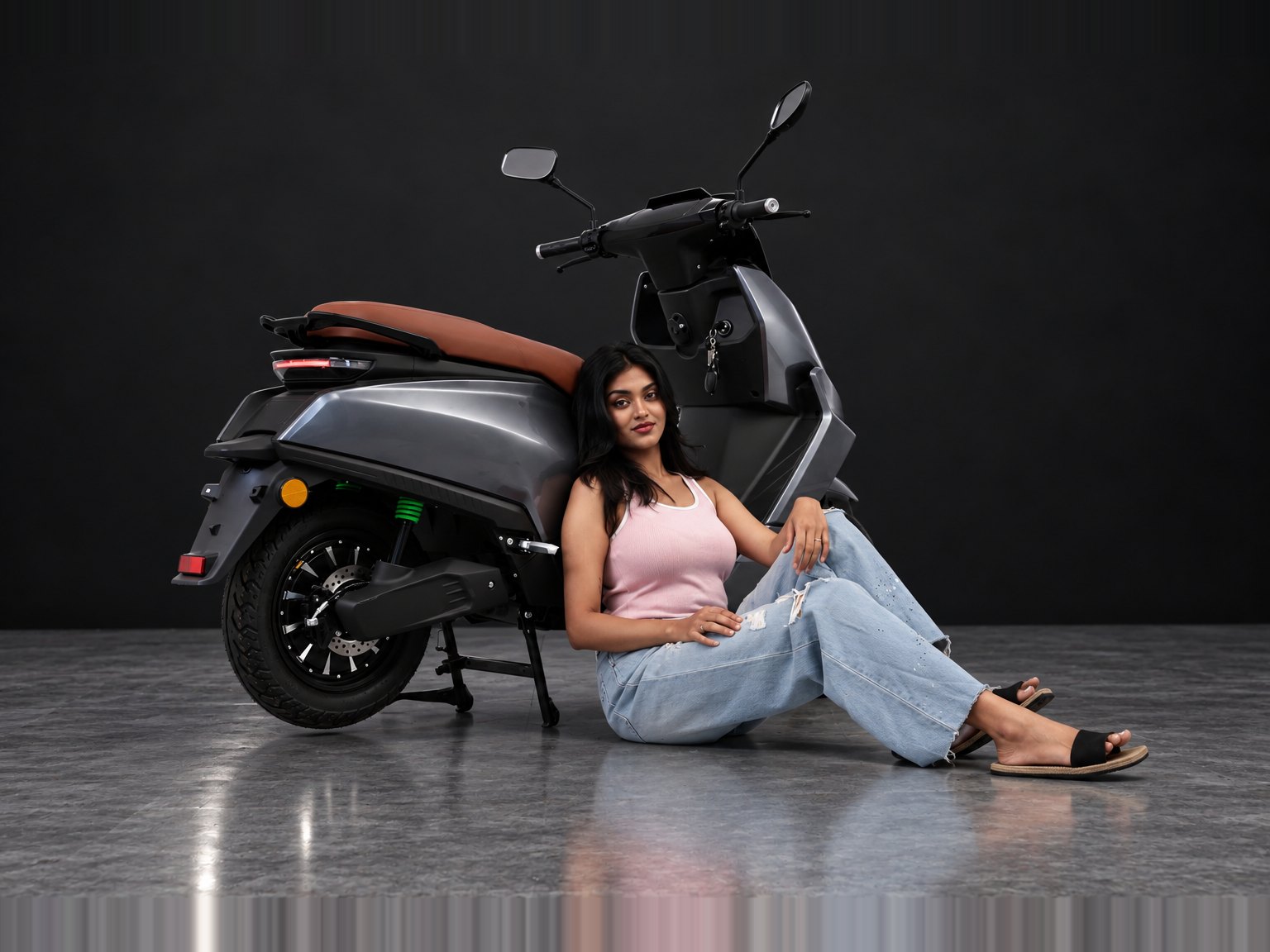 M3 in Grey, rear three-quarter view with rider